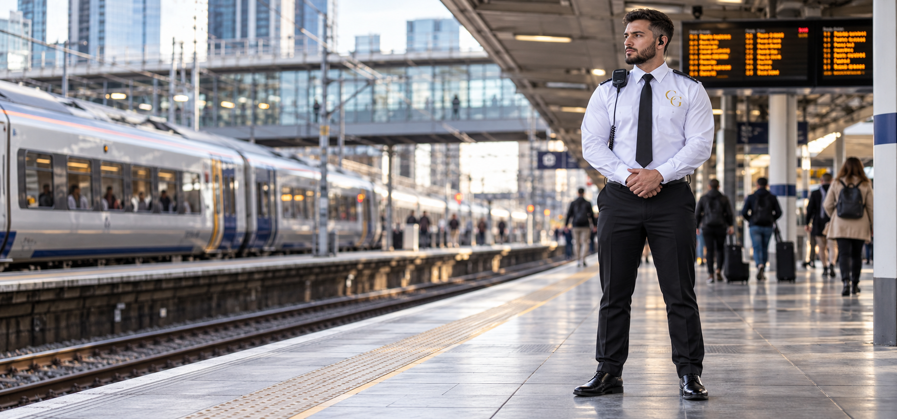 Cutlass Group security officer watching over a UK railway station platform
